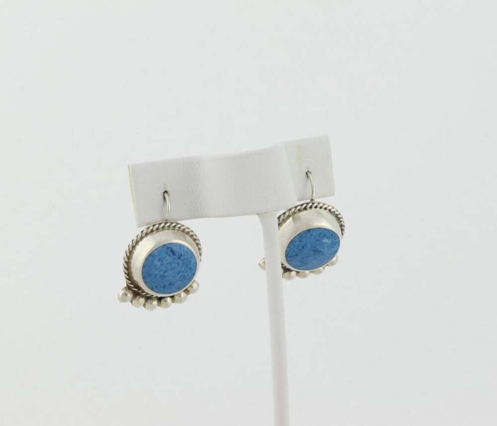 Sterling Silver Sodalite Earrings Dangle Drop 1" x 3/4" Vintage Mexico - Picture 3 of 7